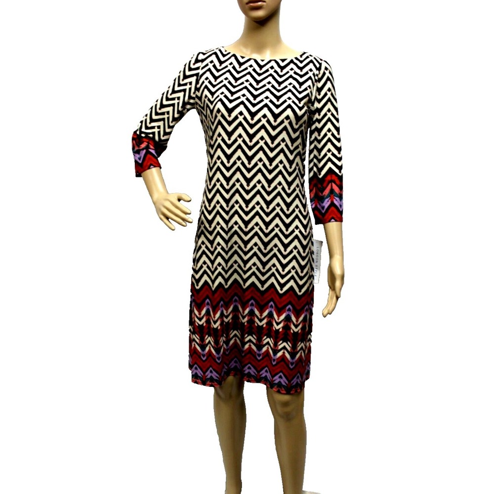 London Style Women Midi Dress Size 4 Knit 3/4 Sleeve Shift Knee Length Geometric